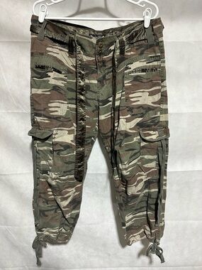 VTG Pacific Girl Womens XL Y2K Camo Paratrooper Cropped Cargo Pants Satin Belt